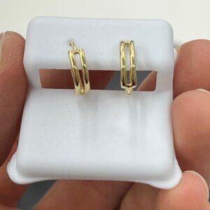 2 Row Gold Huggie Hoop Earrings 14K Yellow Gold For Womens Fashion Design